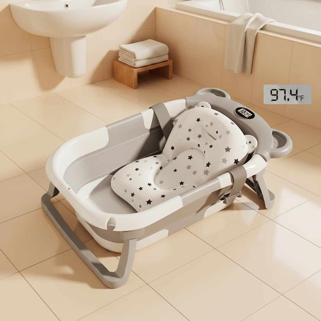 Baignoire bébé pliable avec thermomètre intégré affichant la température de l'eau