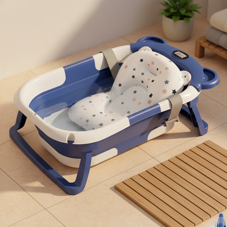 Baignoire bébé pliable avec thermomètre intégré affichant la température de l'eau
