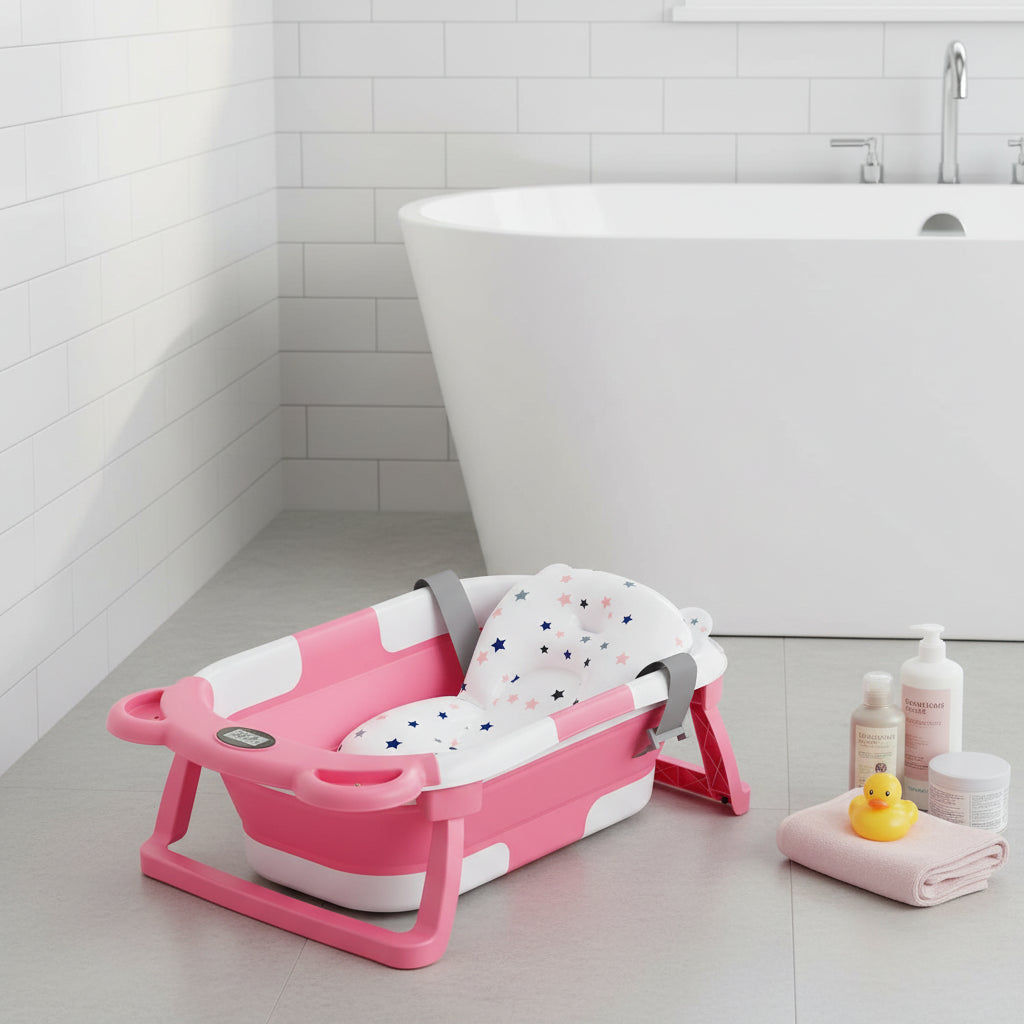 Baignoire bébé pliable avec thermomètre intégré affichant la température de l'eau
