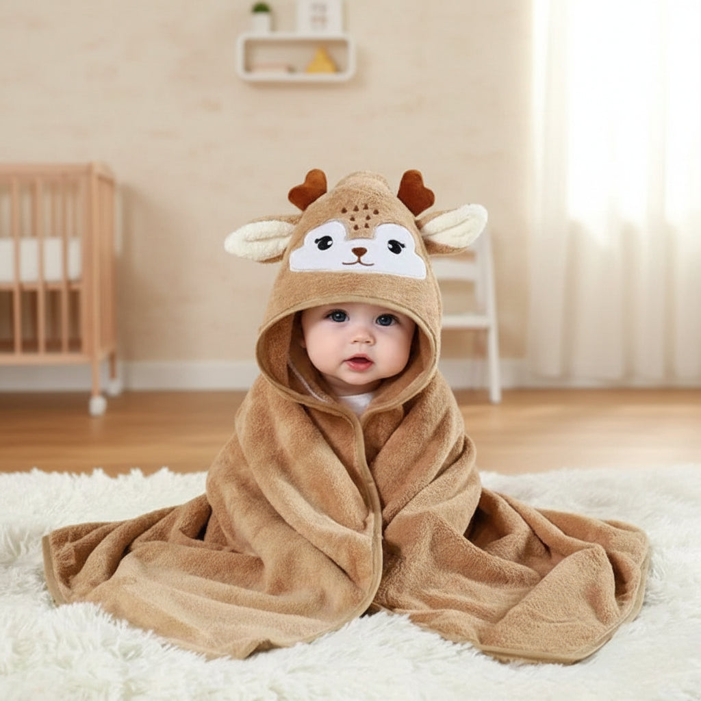 Cape de bain à capuche bébé en velours motif biche