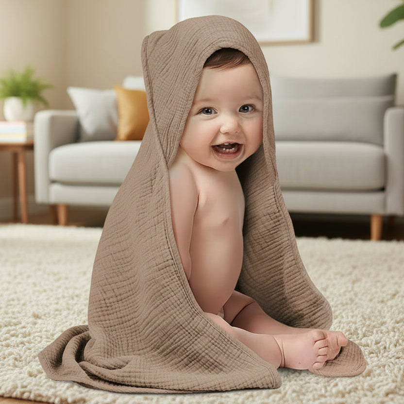Cape de bain à capuche bébé en mousseline