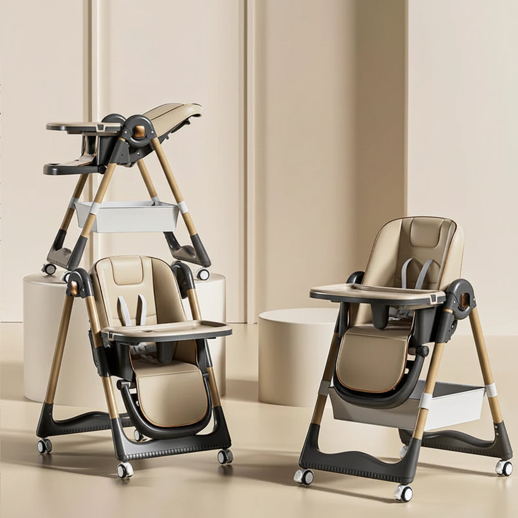 Chaise haute bébé pliante avec double plateau et 4 roulettes