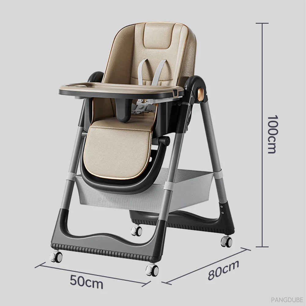 Chaise haute bébé pliante avec double plateau et 4 roulettes