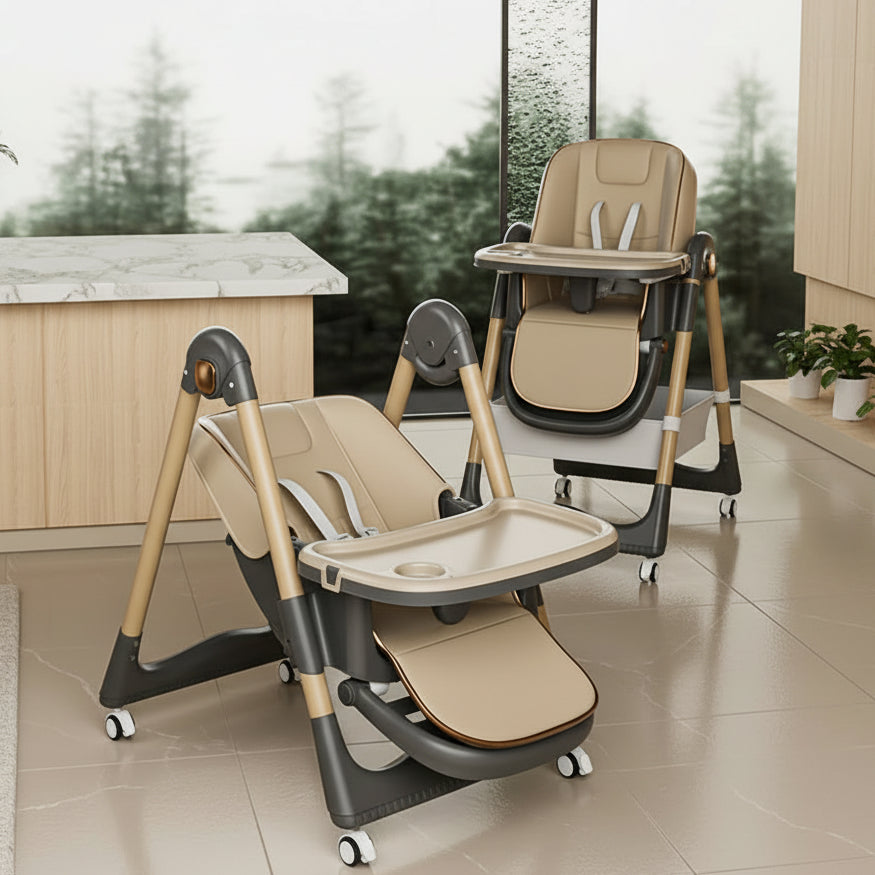 Chaise haute bébé pliante avec double plateau et 4 roulettes