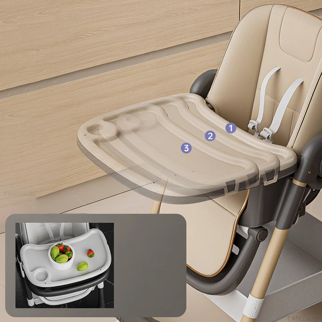 Chaise haute bébé pliante avec double plateau et 4 roulettes