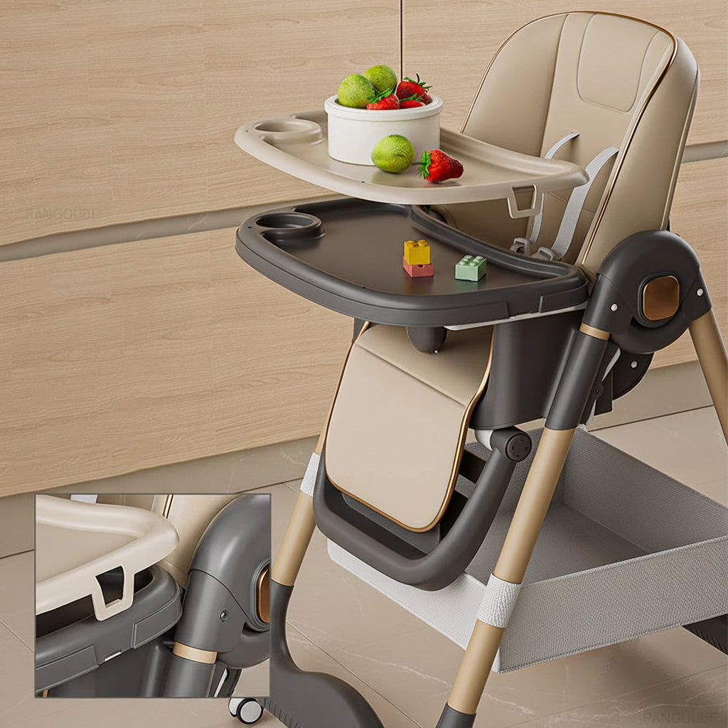 Chaise haute bébé pliante avec double plateau et 4 roulettes