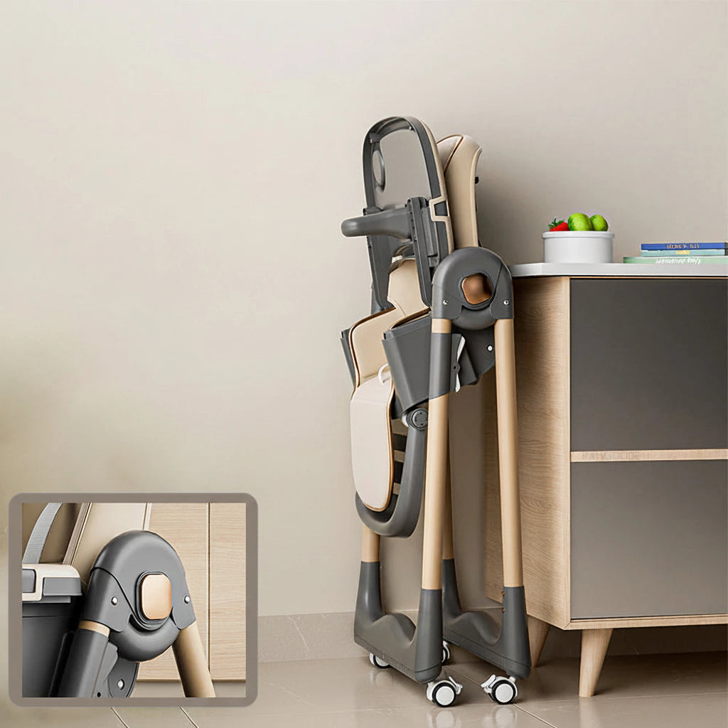 Chaise haute bébé pliante avec double plateau et 4 roulettes