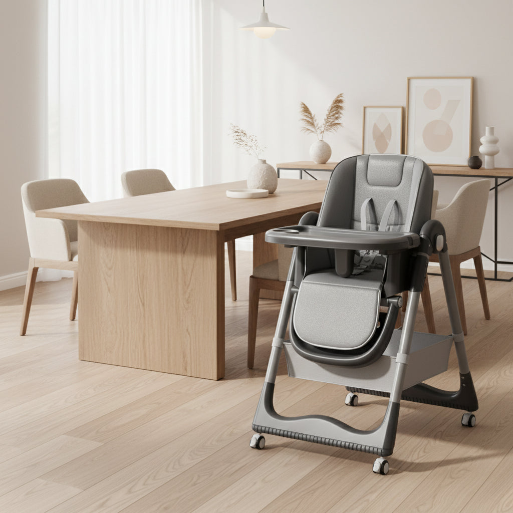 Chaise haute bébé pliante avec double plateau et 4 roulettes