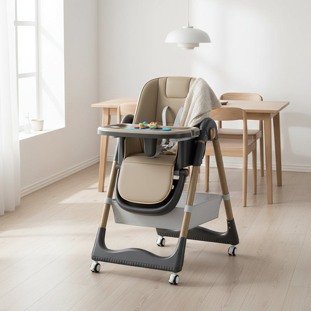 Chaise haute bébé pliante avec double plateau et 4 roulettes