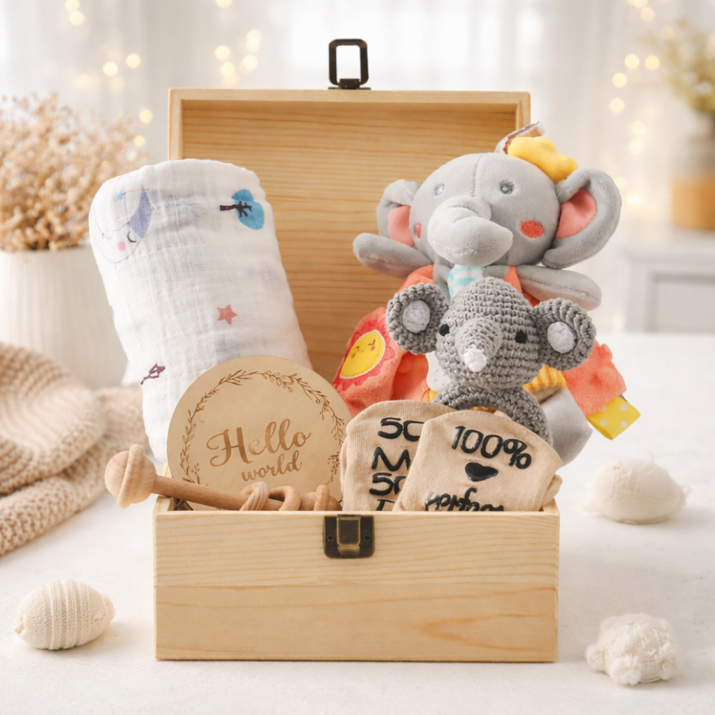 coffret cadeau bébé premium boite bois hochet doudou crochet