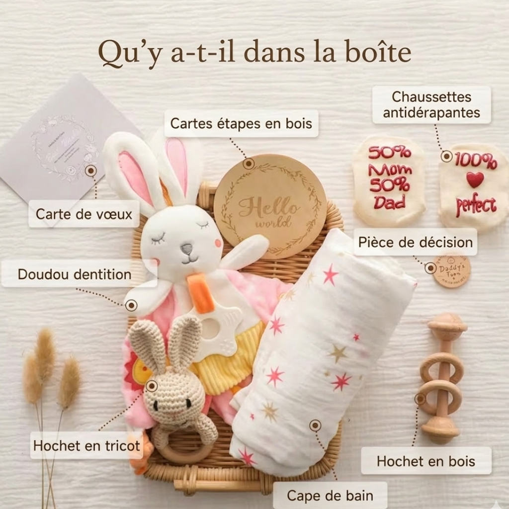 coffret cadeau bébé premium boite bois hochet doudou crochet