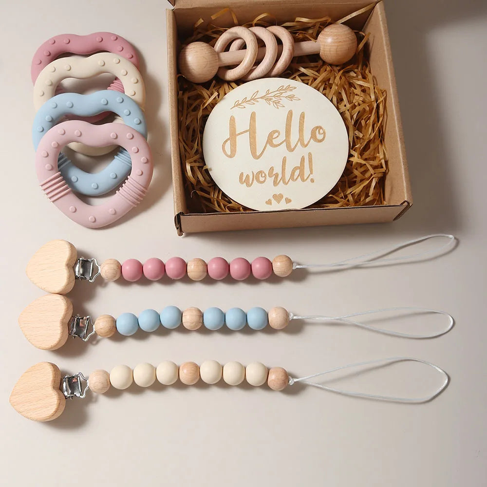 coffret naissance bébé anneau dentition étoile hochet bois