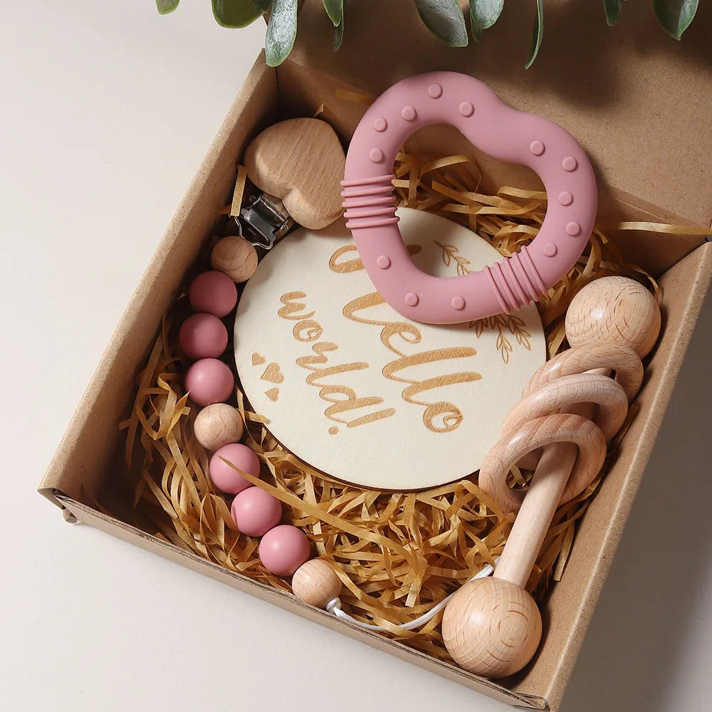 coffret naissance bébé anneau dentition étoile hochet bois