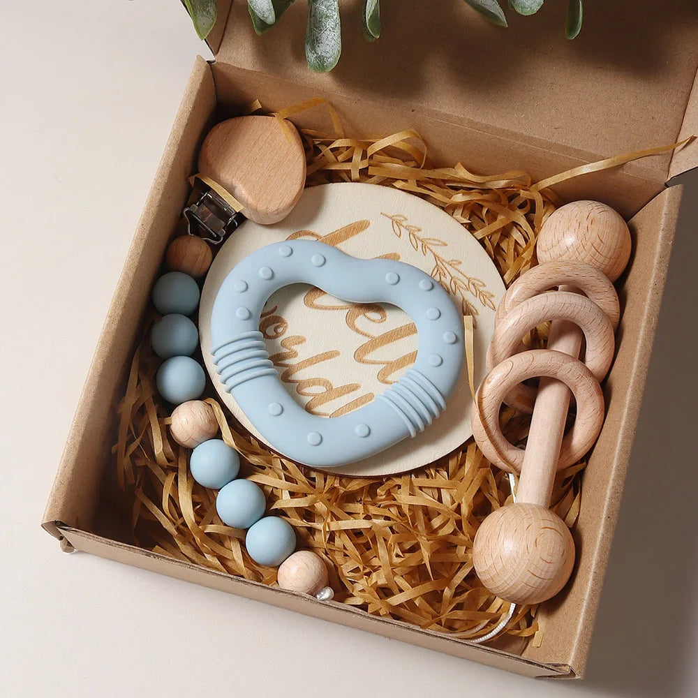 coffret naissance bébé anneau dentition étoile hochet bois