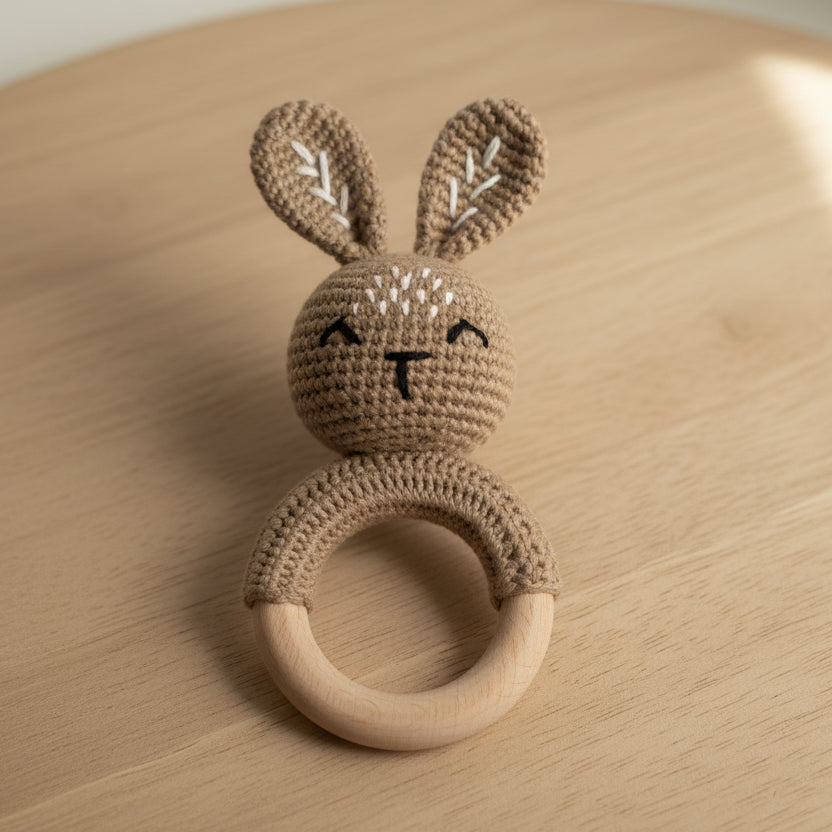 Hochet bébé anneau en bois et crochet