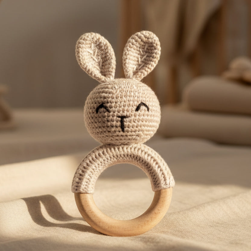 Hochet bébé anneau en bois et crochet