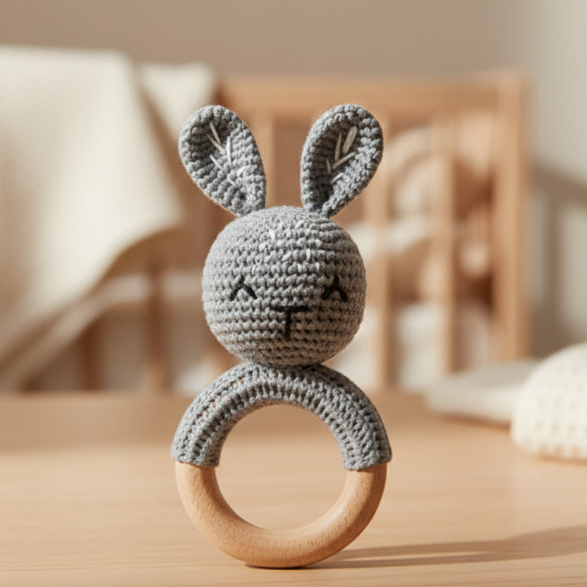 Hochet bébé anneau en bois et crochet