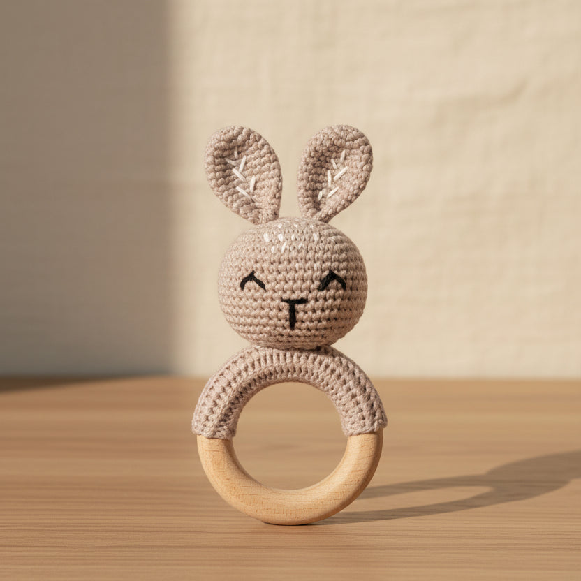 Hochet bébé anneau en bois et crochet
