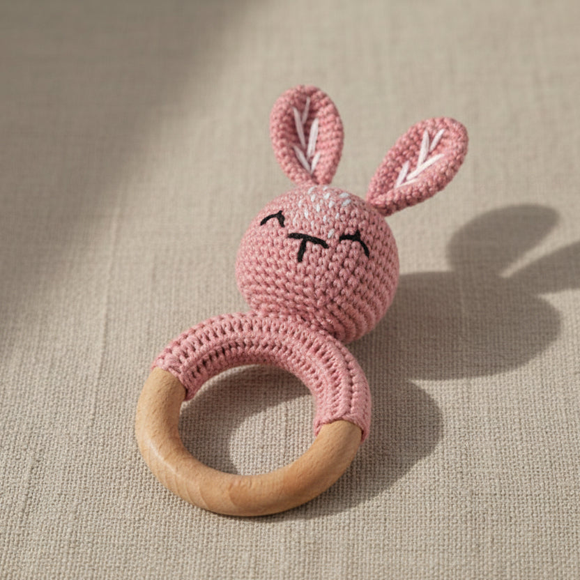 Hochet bébé anneau en bois et crochet