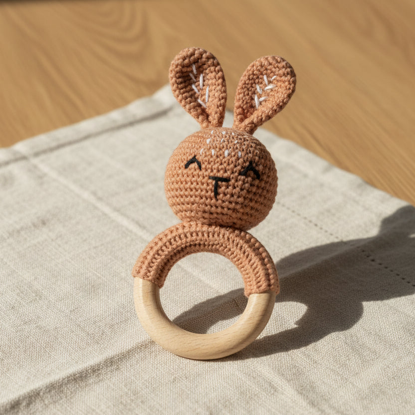 Hochet bébé anneau en bois et crochet