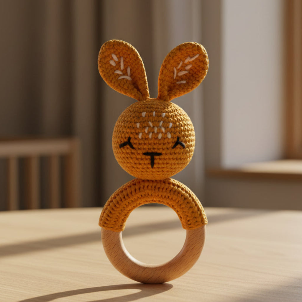 Hochet bébé anneau en bois et crochet