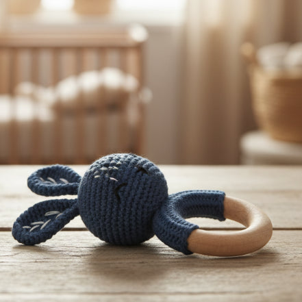 Hochet bébé anneau en bois et crochet