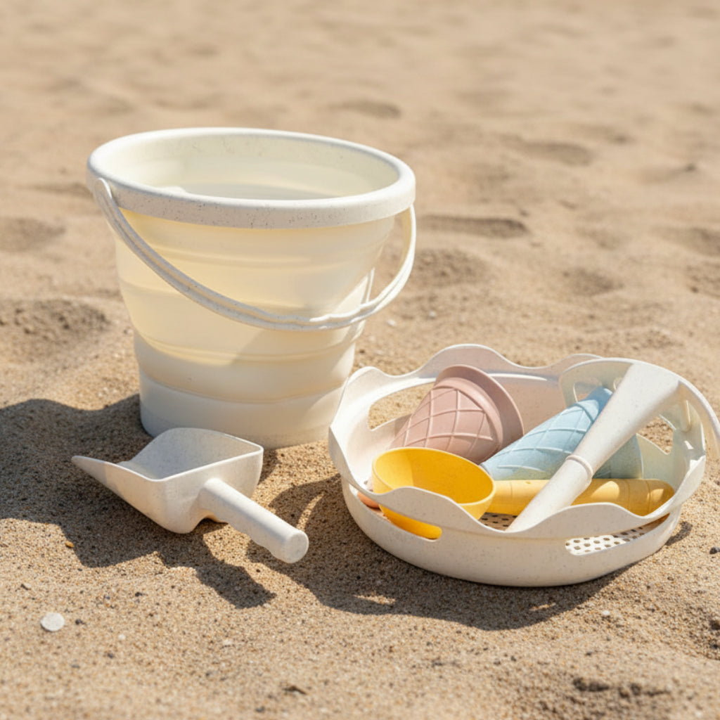 Set jouets de plage 7-en-1 seau pliable pelle râteau moules à glace