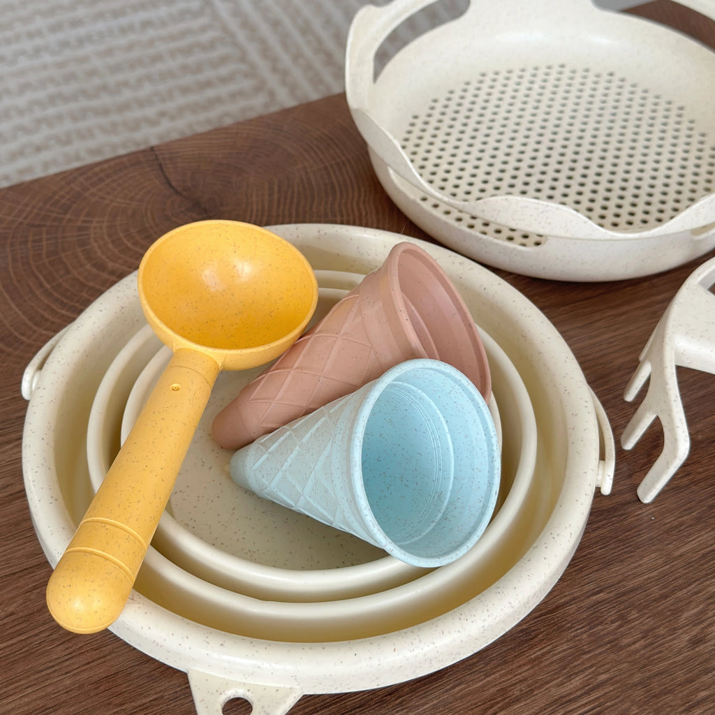 Set jouets de plage 7-en-1 seau pliable pelle râteau moules à glace