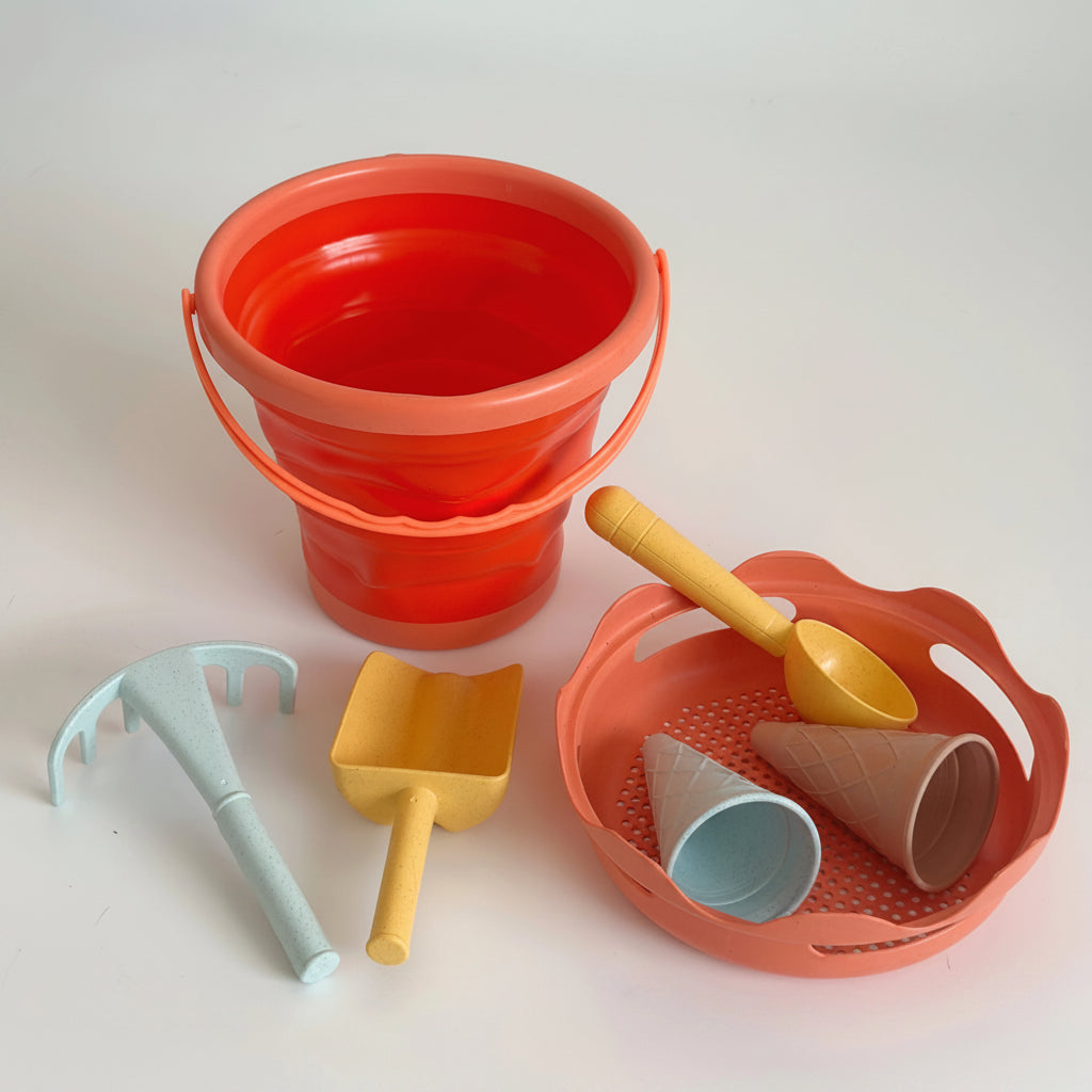 Set jouets de plage 7-en-1 seau pliable pelle râteau moules à glace