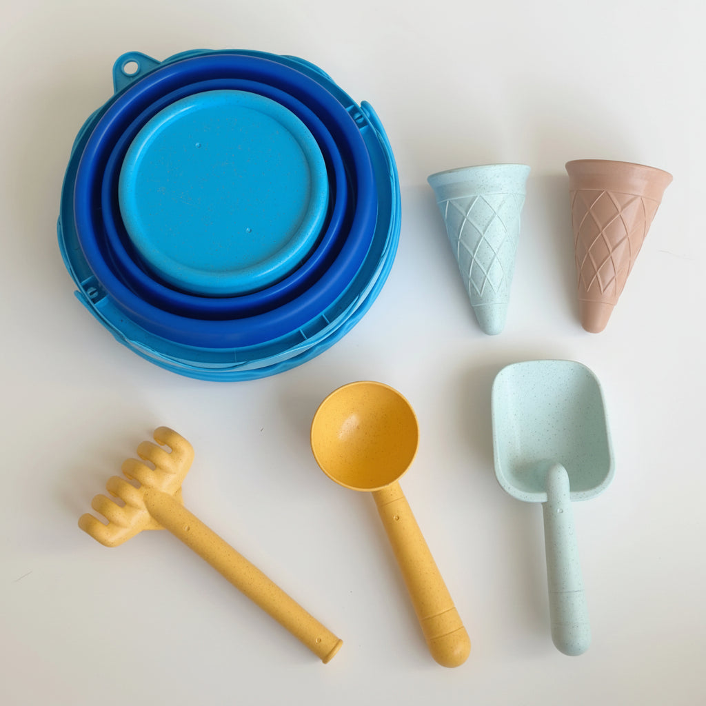 Set jouets de plage 7-en-1 seau pliable pelle râteau moules à glace