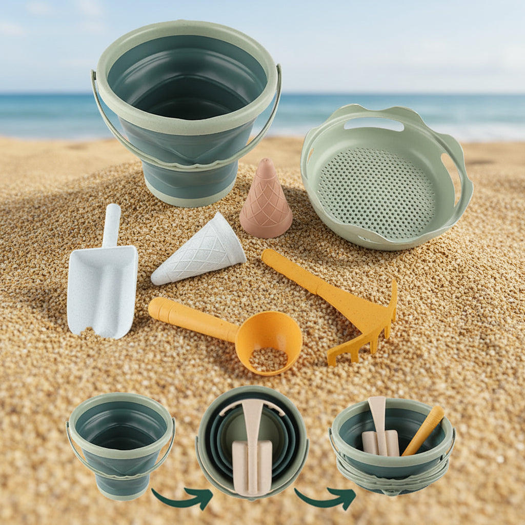 Set jouets de plage 7-en-1 seau pliable pelle râteau moules à glace