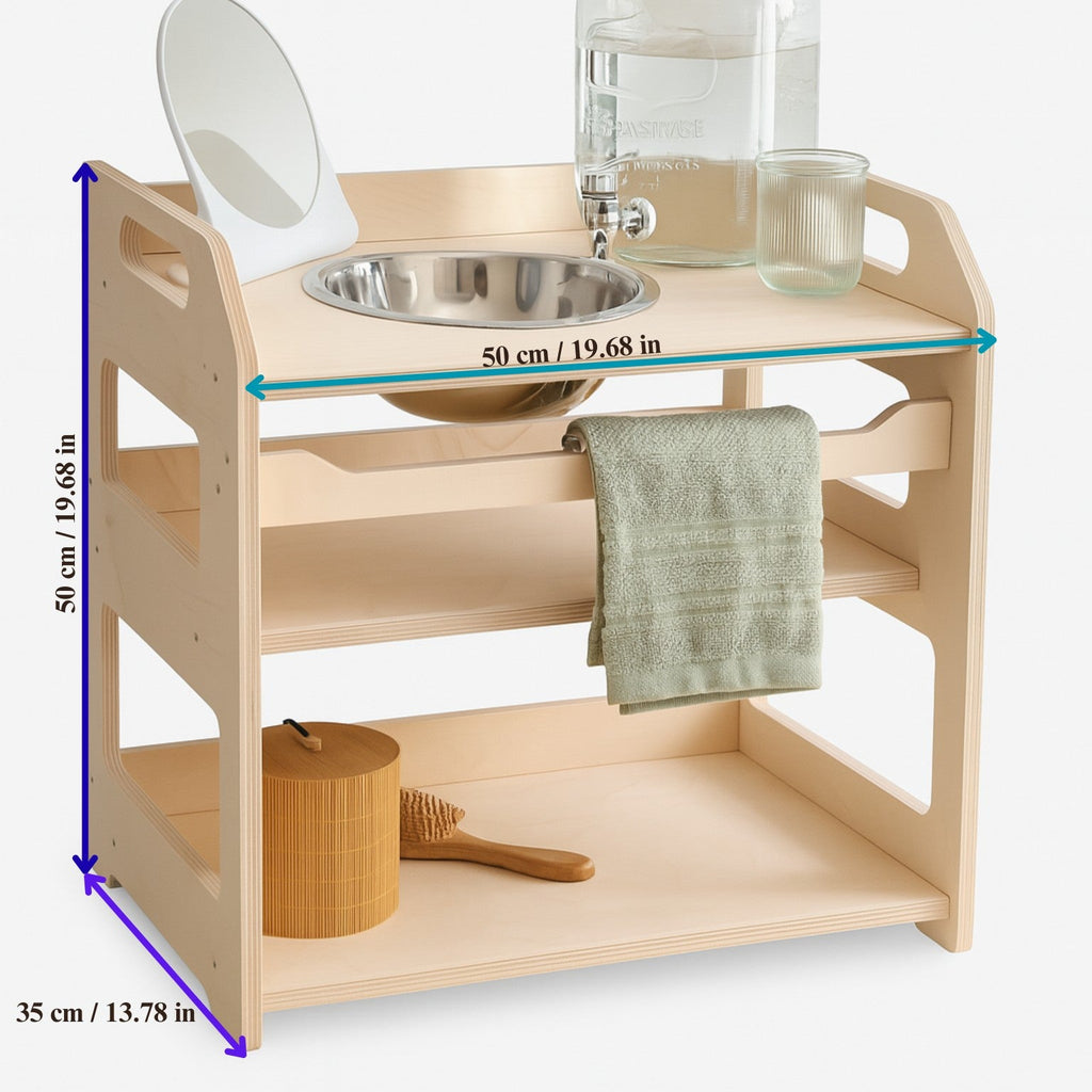Buanderie Montessori en bois avec rangements 