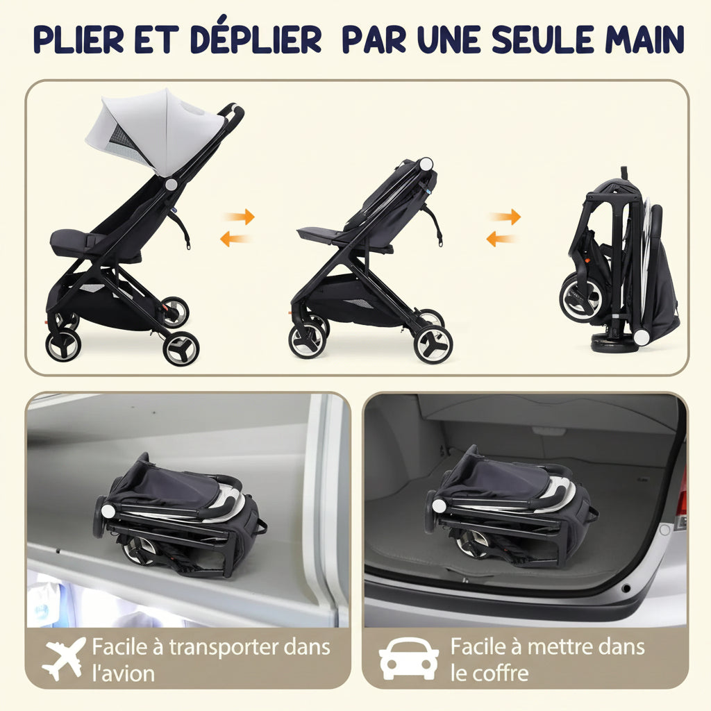 Poussette cabine ultra-compacte pliante pour voyage en avion avec bébé