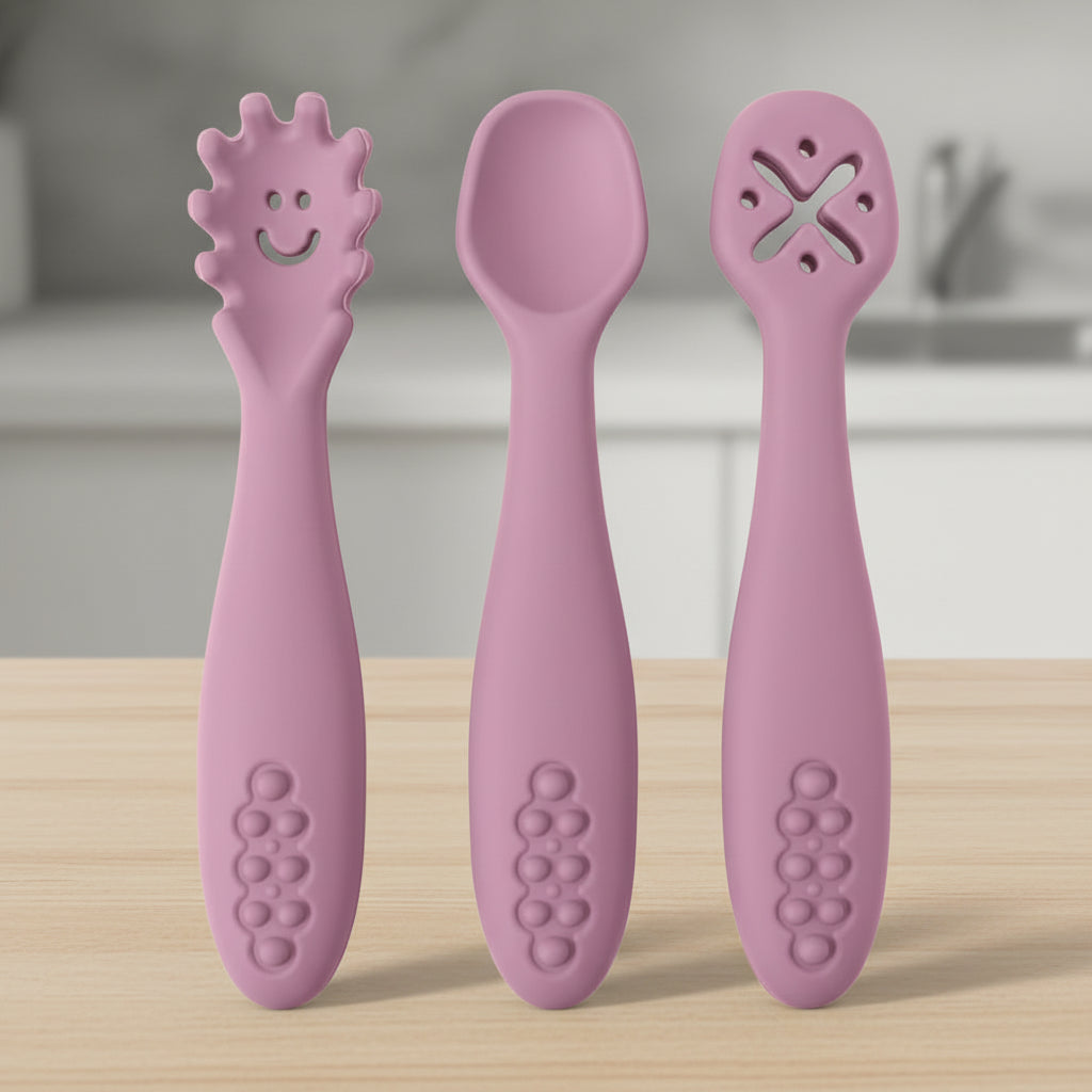 Set d’apprentissage bébé – Cuillères & fourchette en silicone
